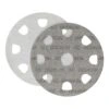 Two round perforated sanding discs on a white background, one light and one