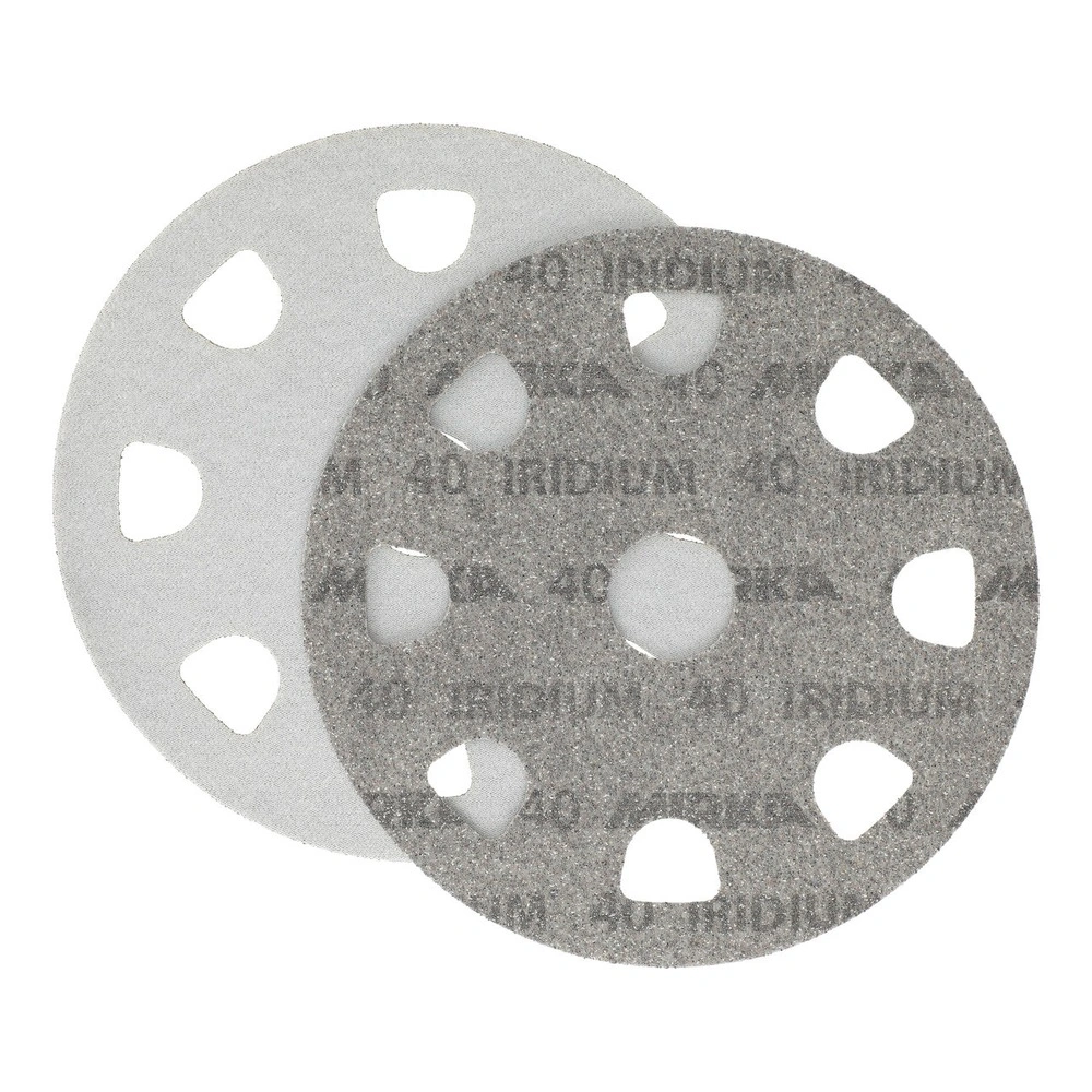 Two round perforated sanding discs on a white background, one light and one