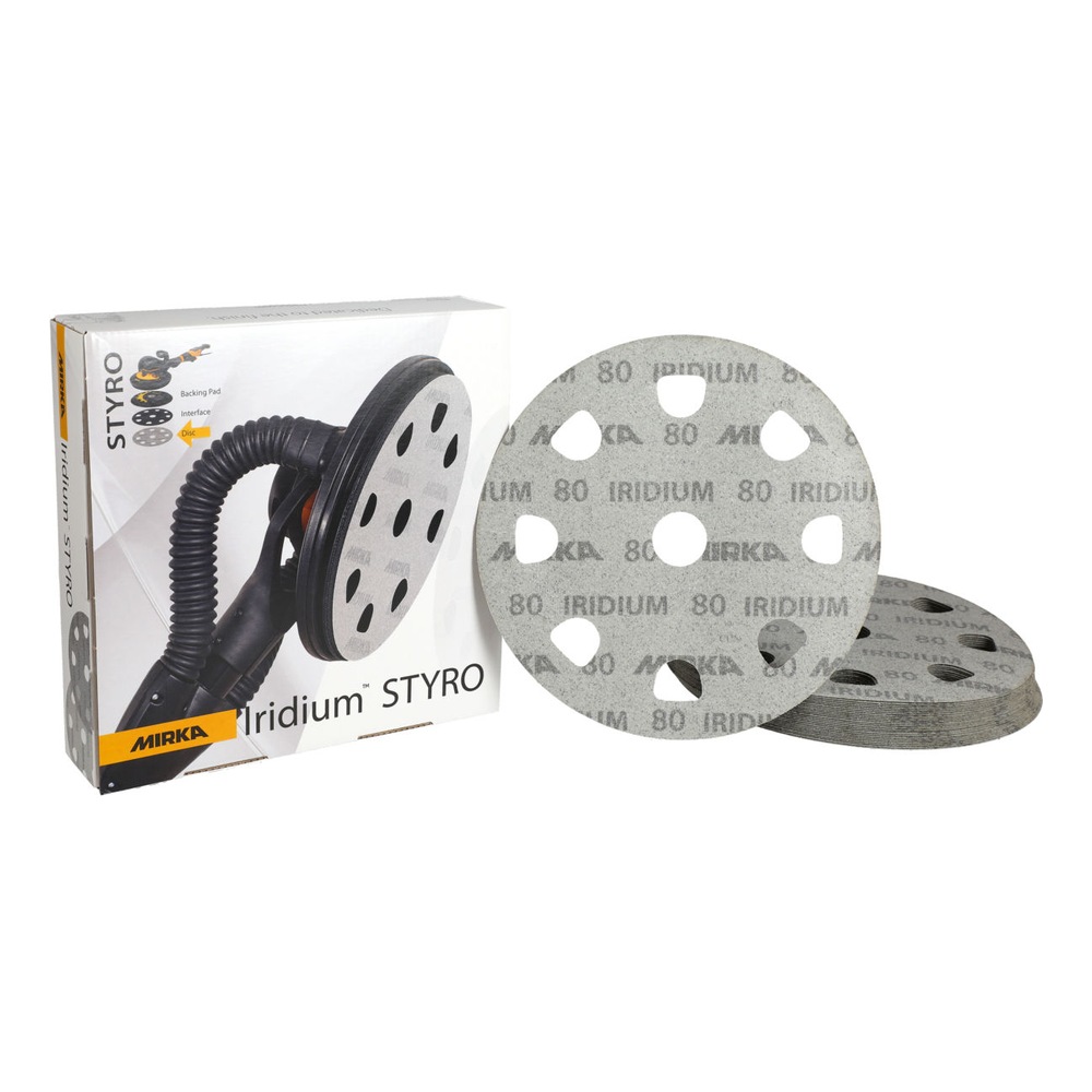 A product set with a box, two round sanding discs, and a sanding accessory