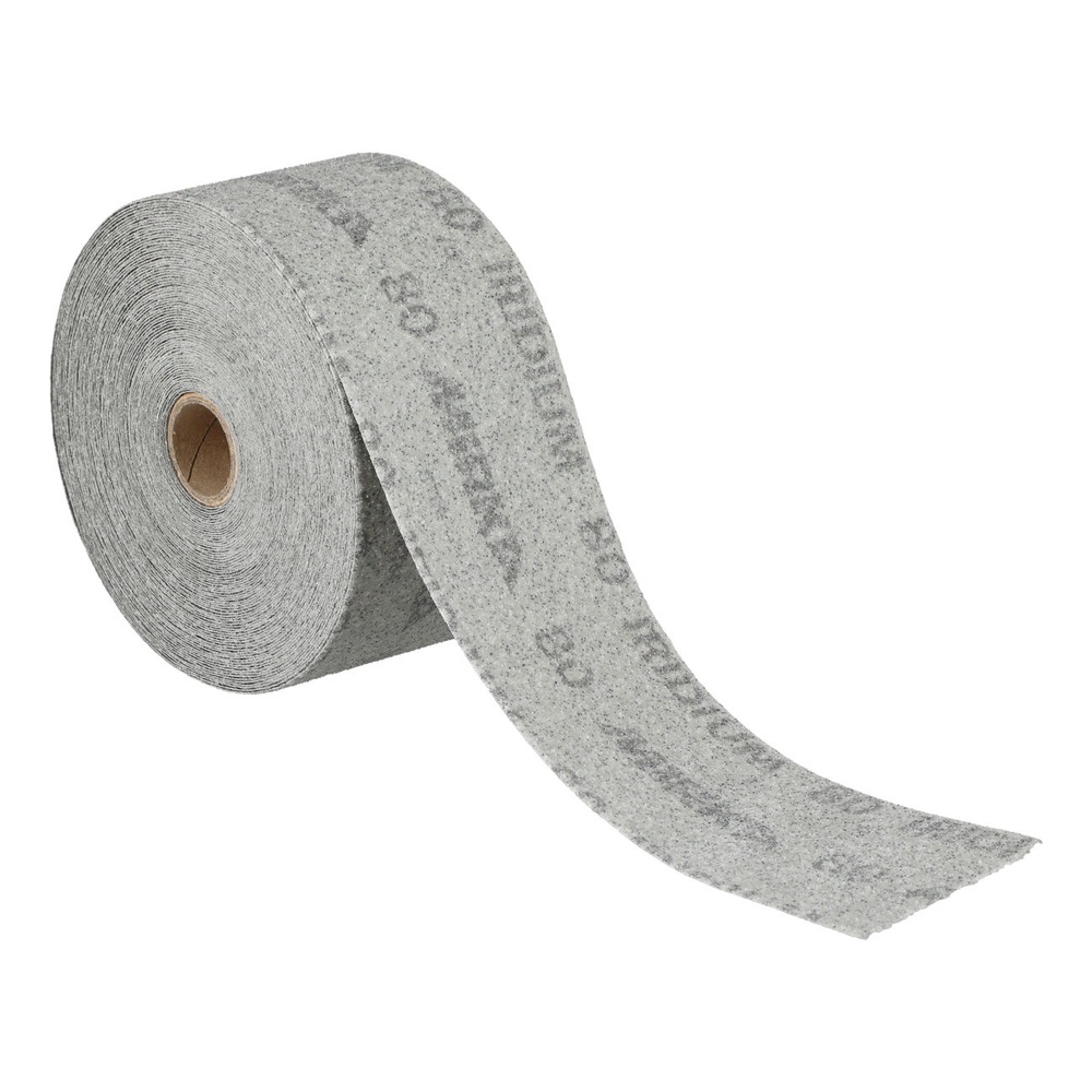 A rolled gray sanding paper roll with an open end hanging forward