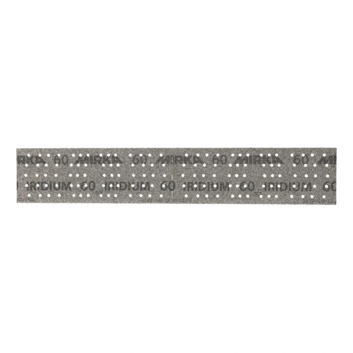 Gray perforated sanding strip, laid flat on white