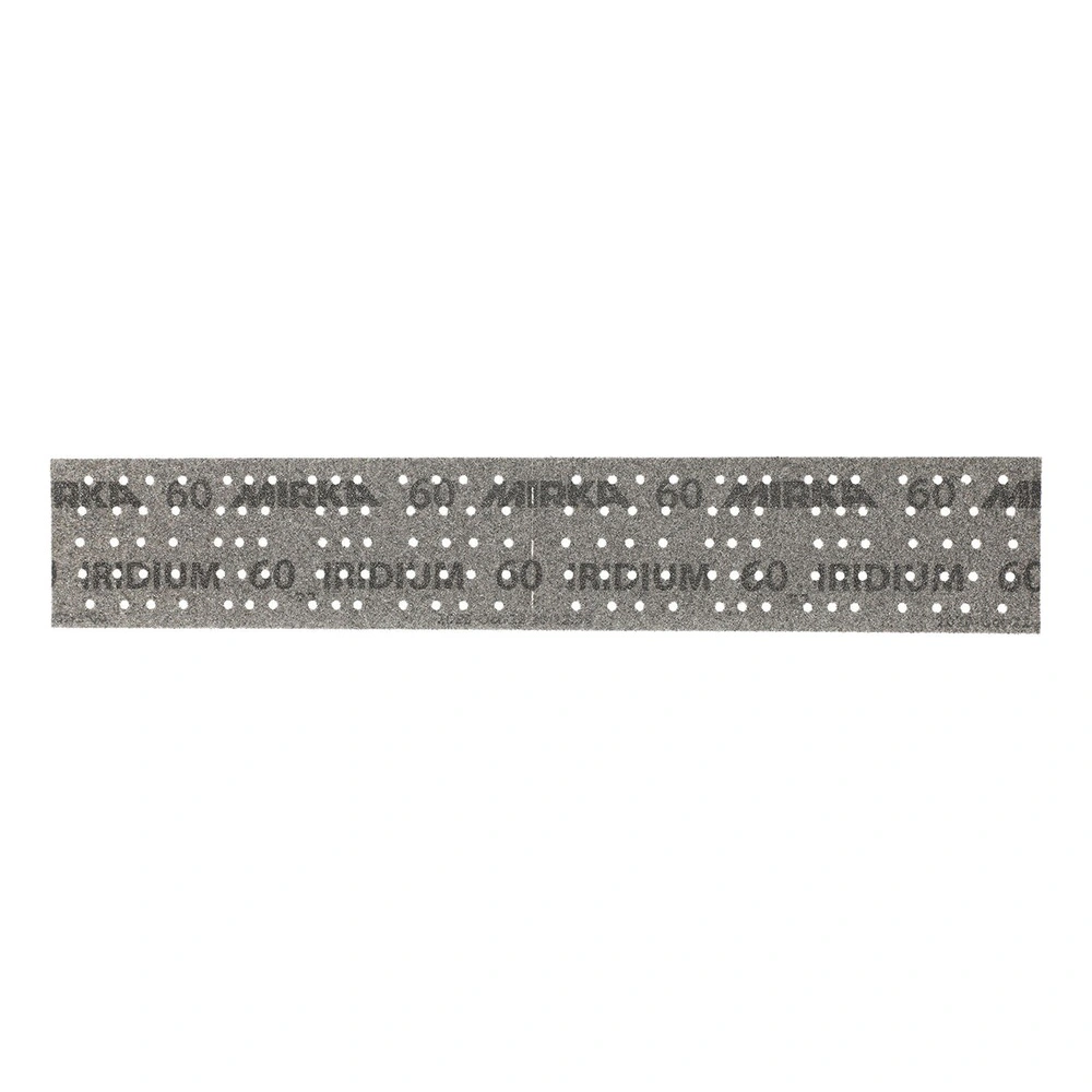 Gray perforated sanding strip, laid flat on white