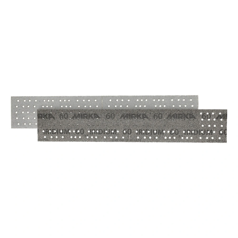 Two perforated rectangular sanding strips, overlapping