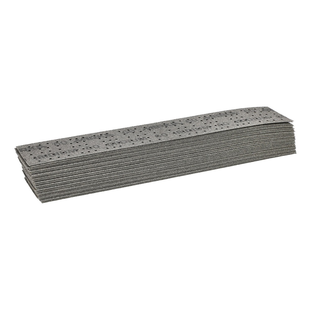 A stack of gray perforated sanding strips is shown at an angle on a white