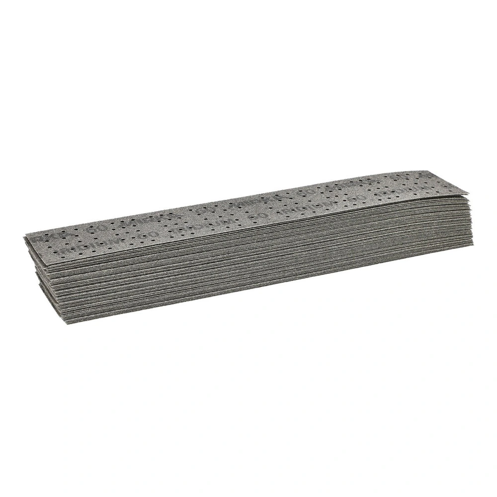 A stack of gray perforated sanding strips is shown at an angle on a white