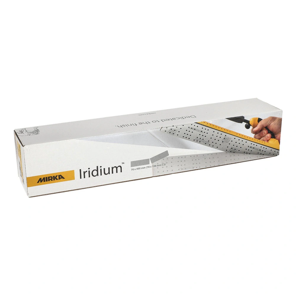 A white package box with Mirka and Iridium branding, printed with a sanding