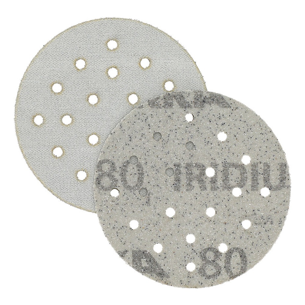Two gray perforated round sanding discs are shown on a white background