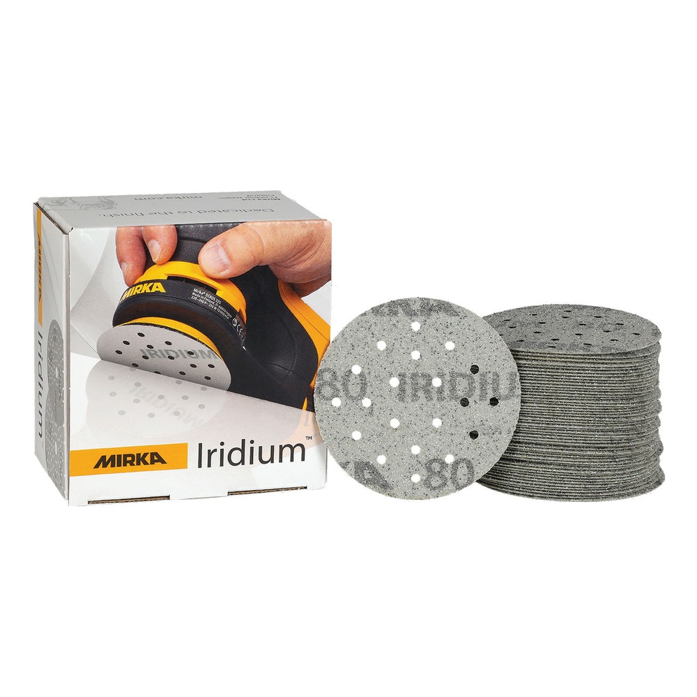 A product box beside a stack of gray perforated round sanding discs