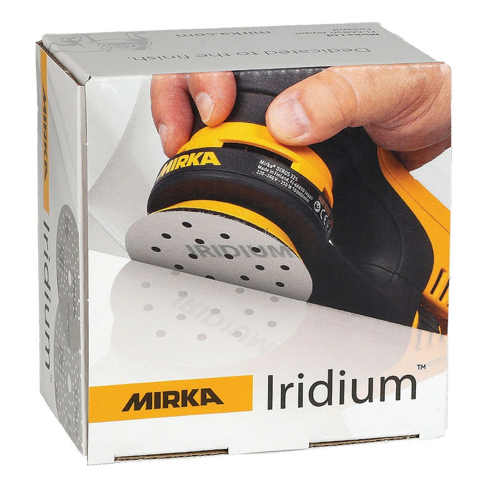 Mirka branded cardboard box with a photo of a hand holding a round sander