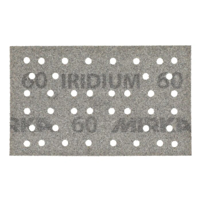 A rectangular gray sanding sheet with rows of holes and partial dark