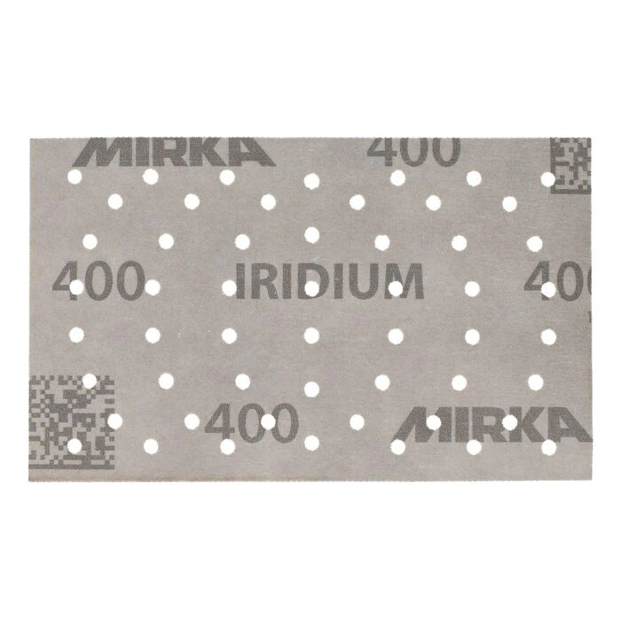 A rectangular gray sanding sheet with round dust-extraction holes and Mirka