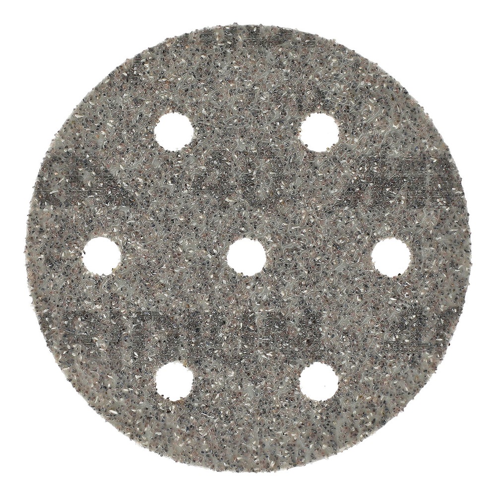 Gray round sanding disc with seven holes, front view on a white background