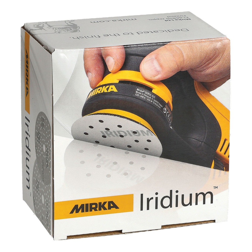 A Mirka Iridium box package with a picture of a hand sander and sanding disc