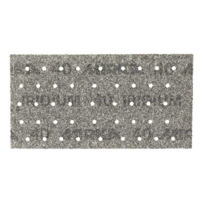A rectangular gray sanding strip with many rows of holes
