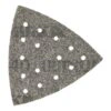 Single perforated triangular sanding sheet, gray-brown in color, on a white