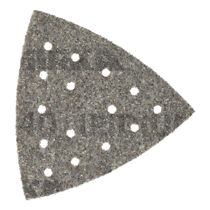 Single perforated triangular sanding sheet, gray-brown in color, on a white
