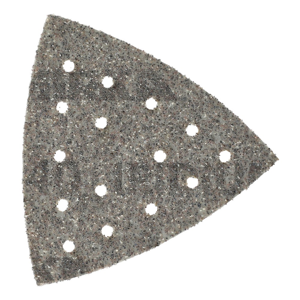 Single perforated triangular sanding sheet, gray-brown in color, on a white