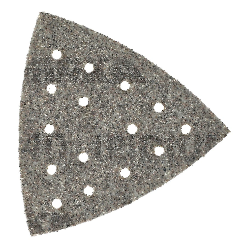 Single perforated triangular sanding sheet, gray-brown in color, on a white
