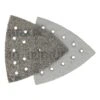 Two overlapping perforated triangular sanding sheets, one dark and one