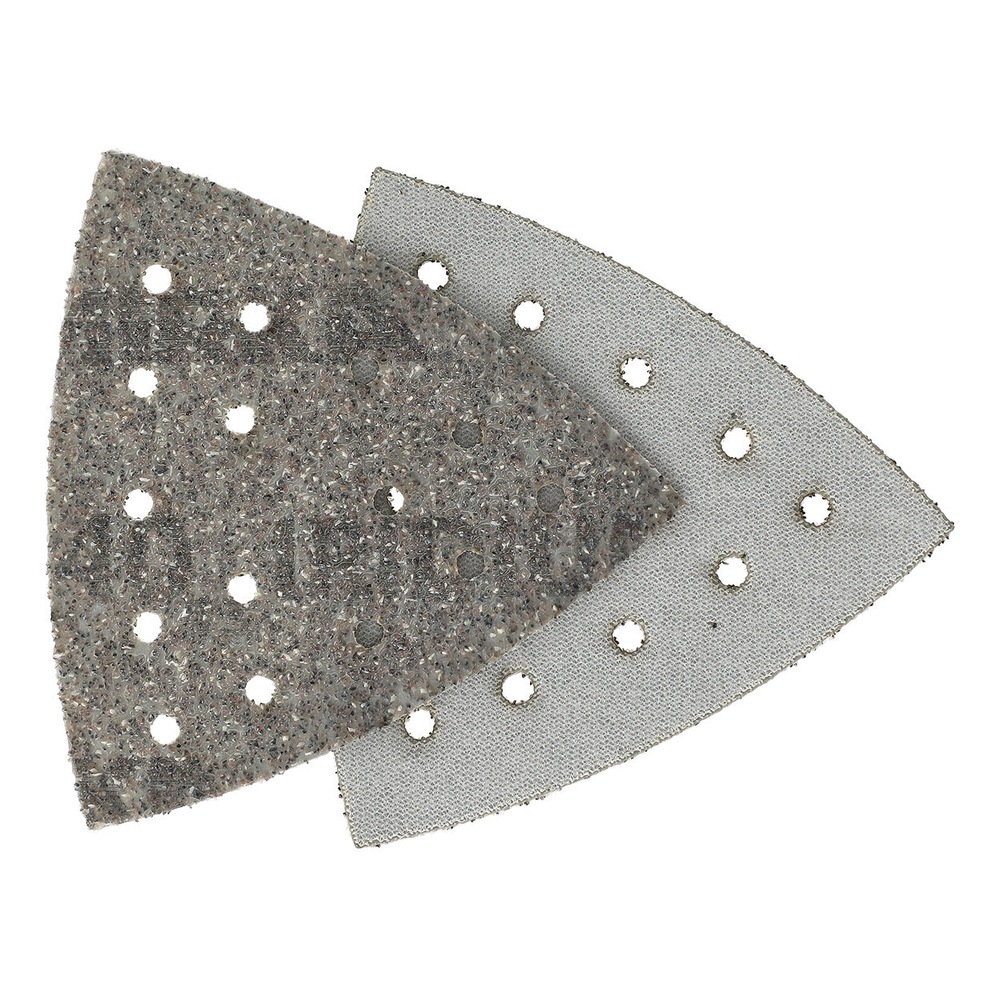 Two overlapping perforated triangular sanding sheets, one dark and one