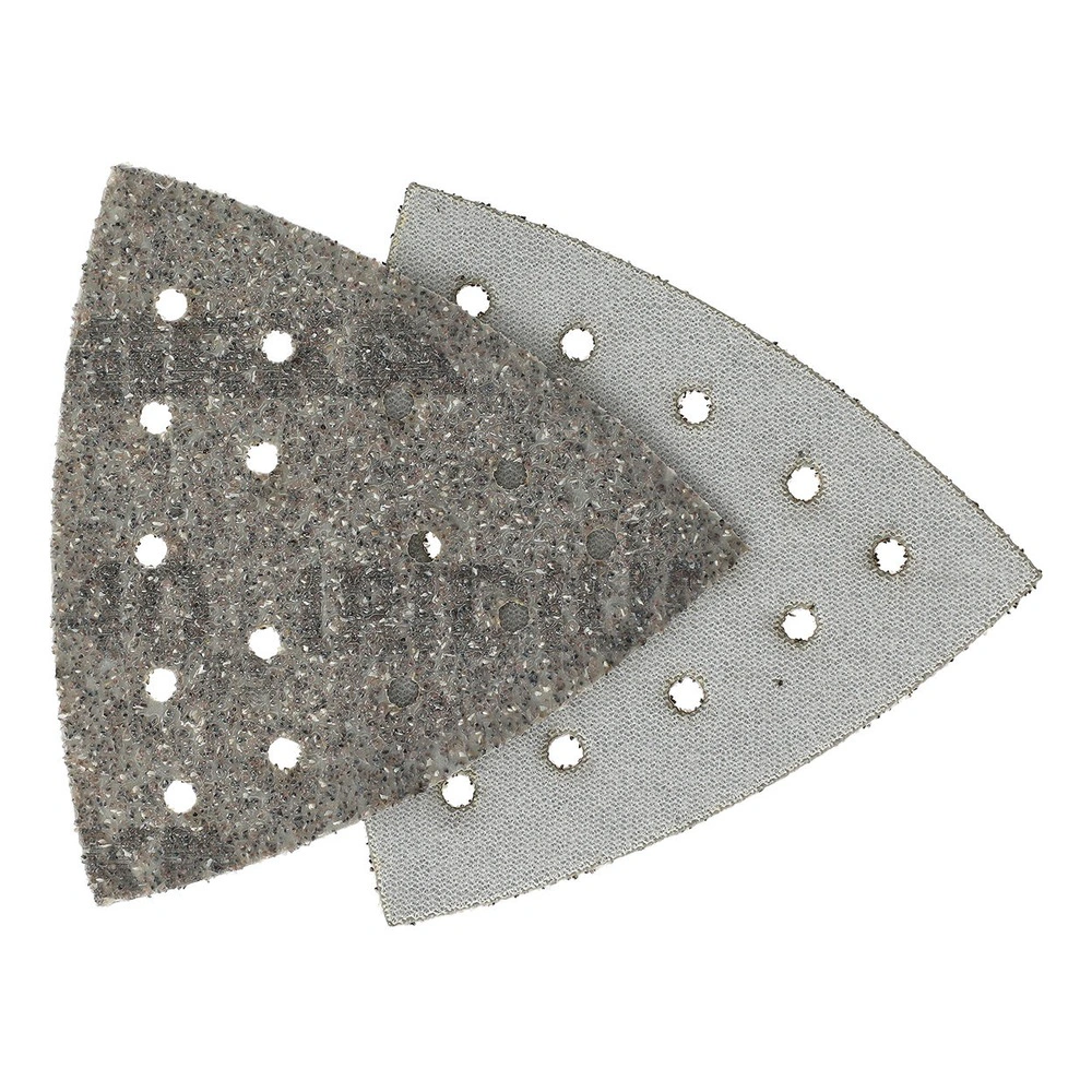 Two overlapping perforated triangular sanding sheets, one dark and one