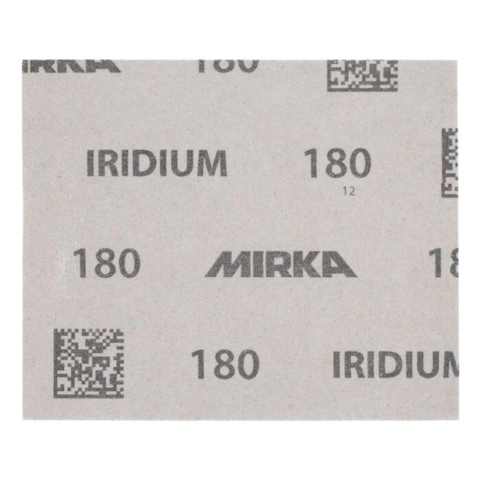 Close-up of a white sanding sheet printed with MIRKA, IRIDIUM, and 180