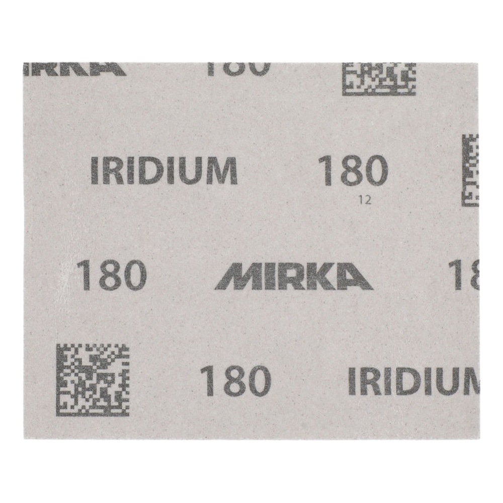 Close-up of a white sanding sheet printed with MIRKA, IRIDIUM, and 180
