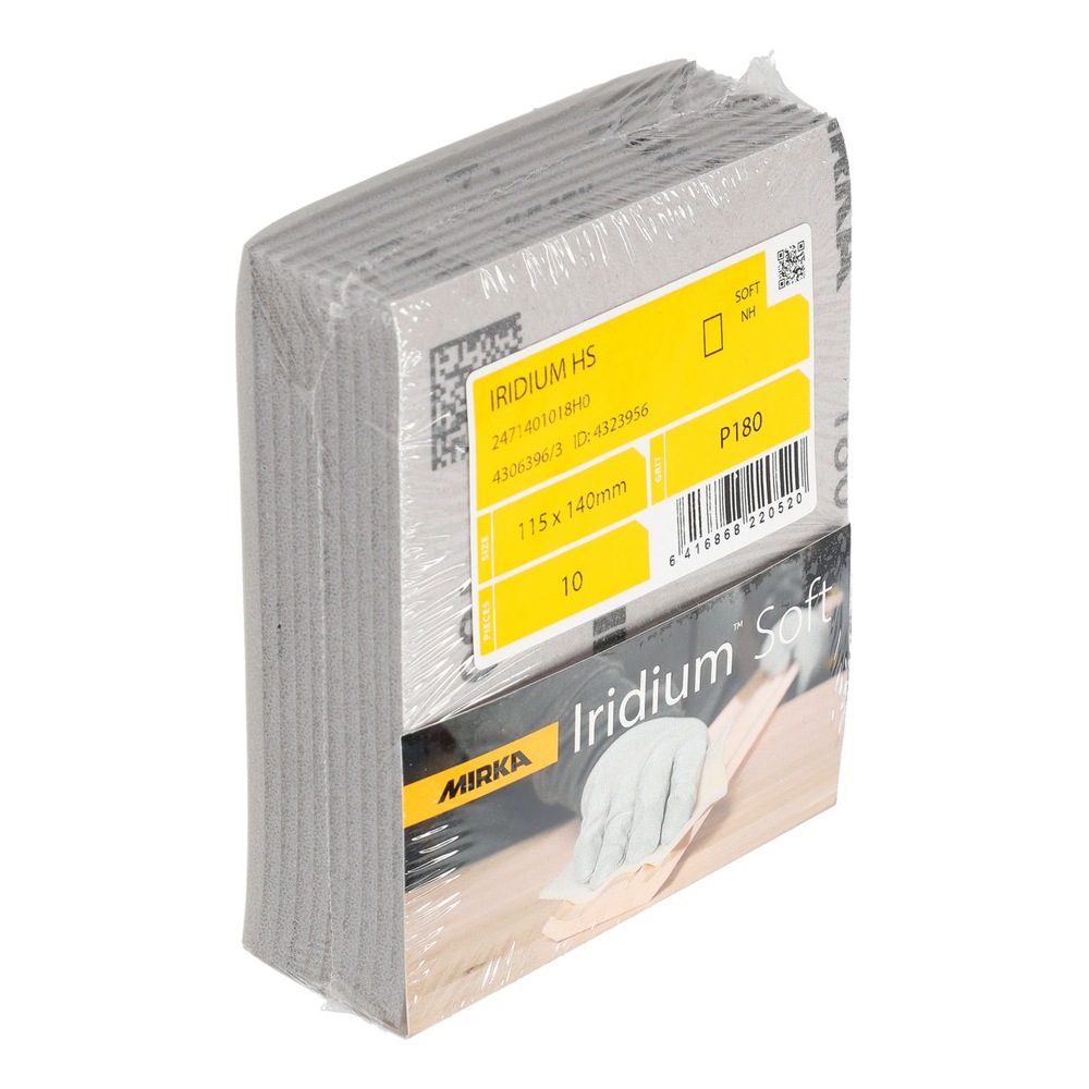 A stack of sanding sheets wrapped in plastic, with a yellow and black Mirka