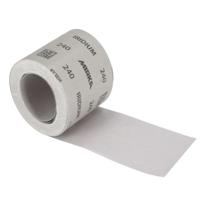 A gray rolled sanding paper sheet, with one end unrolled and printed