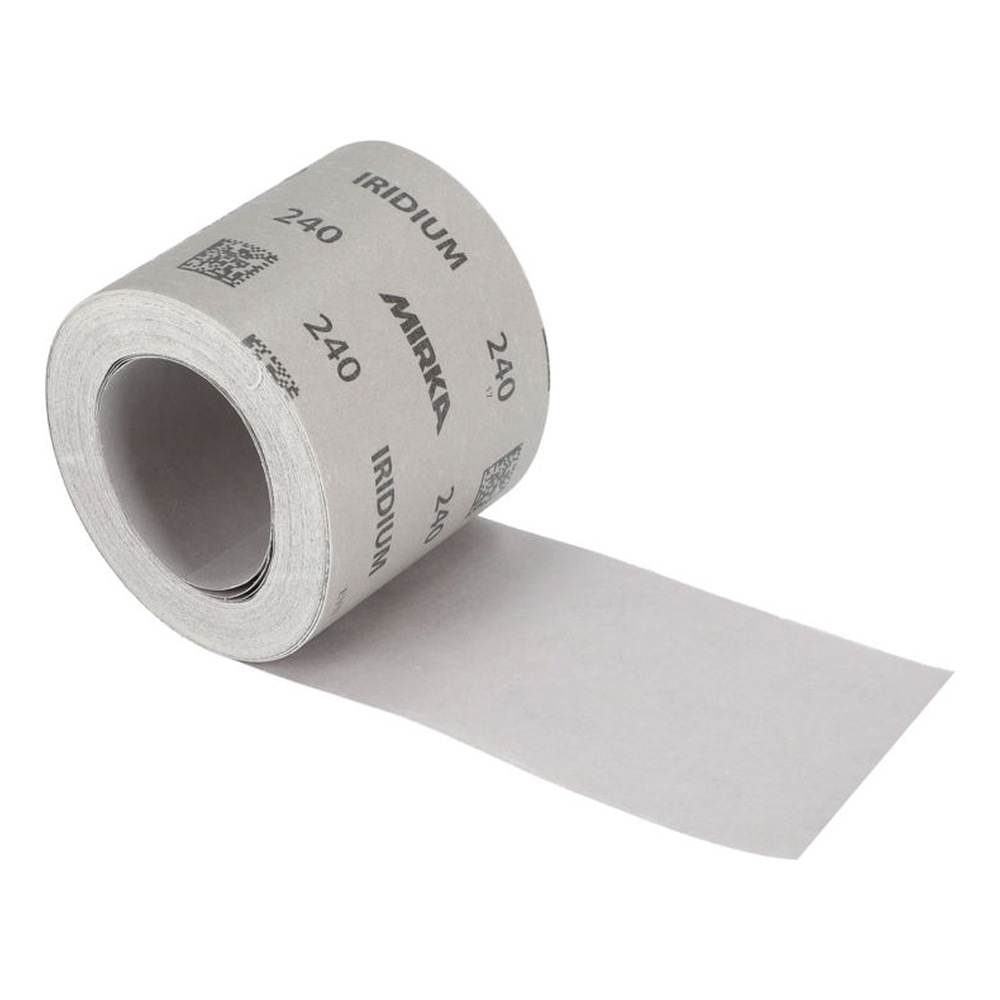 A gray rolled sanding paper sheet, with one end unrolled and printed