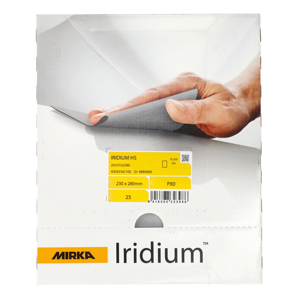 A sanding paper box showing a hand holding a gray sheet, with a yellow