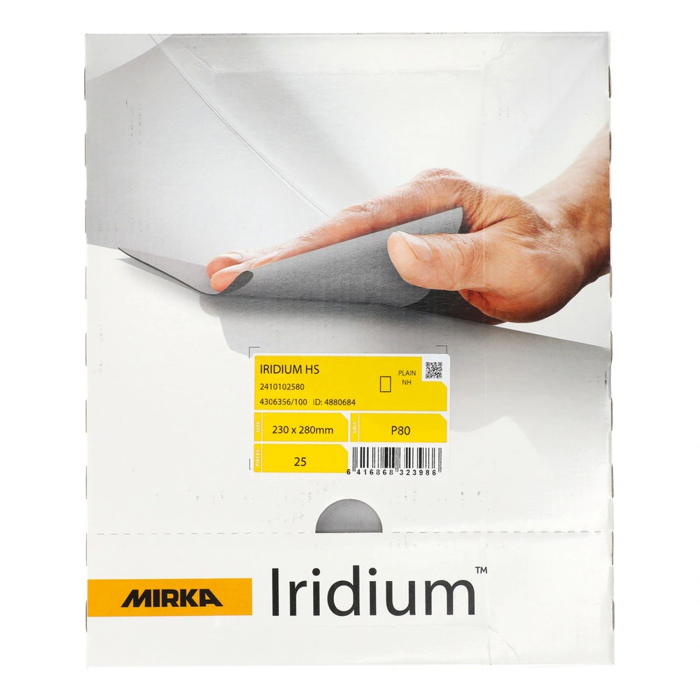 A sanding paper box showing a hand holding a gray sheet, with a yellow