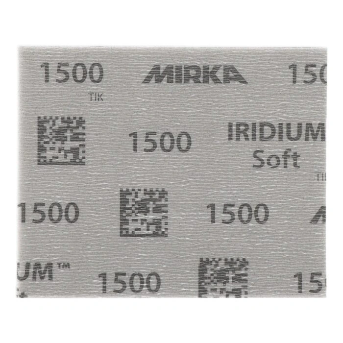 Close-up of a gray sanding sheet with Mirka, IRIDIUM Soft, and 1500 printed