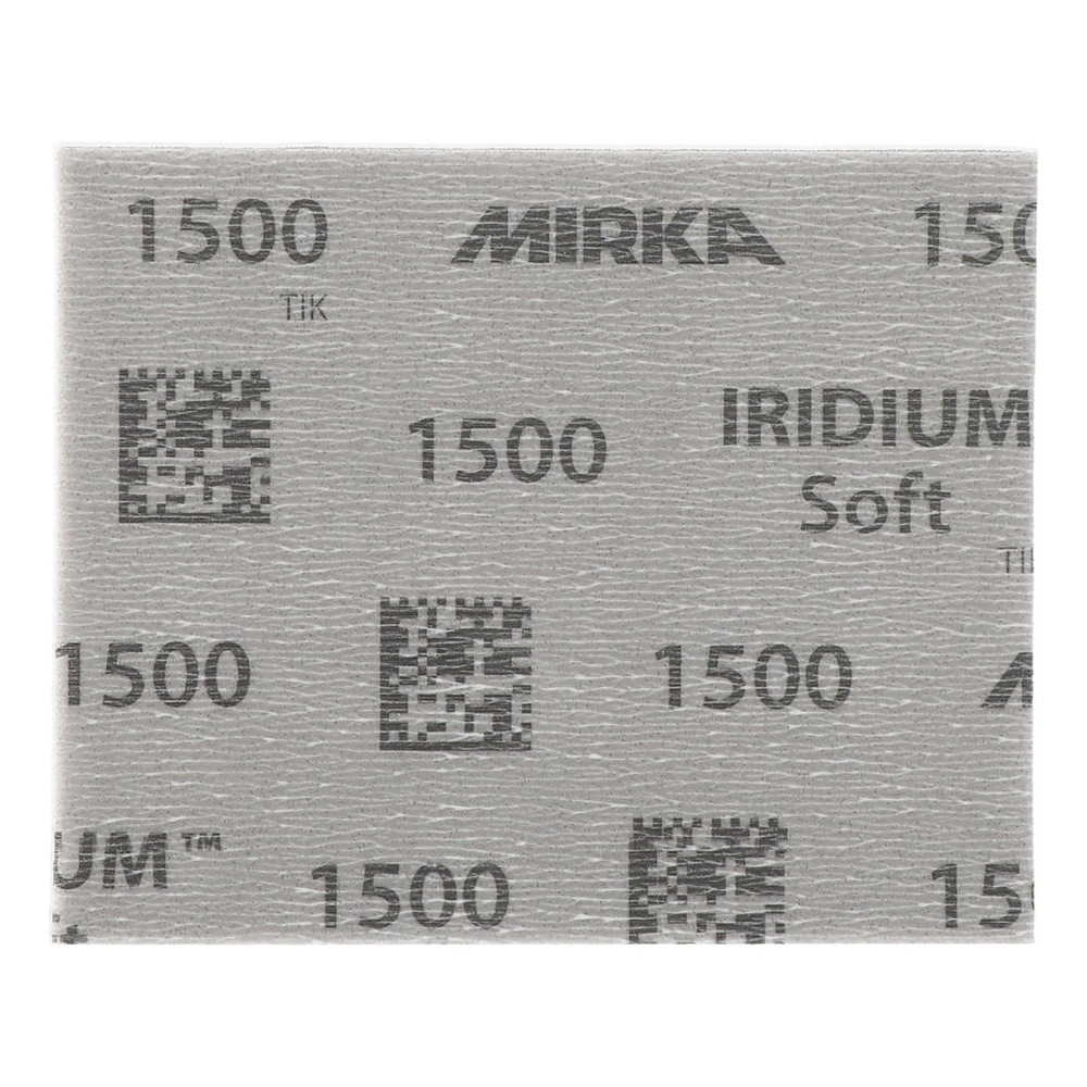 Close-up of a gray sanding sheet with Mirka, IRIDIUM Soft, and 1500 printed