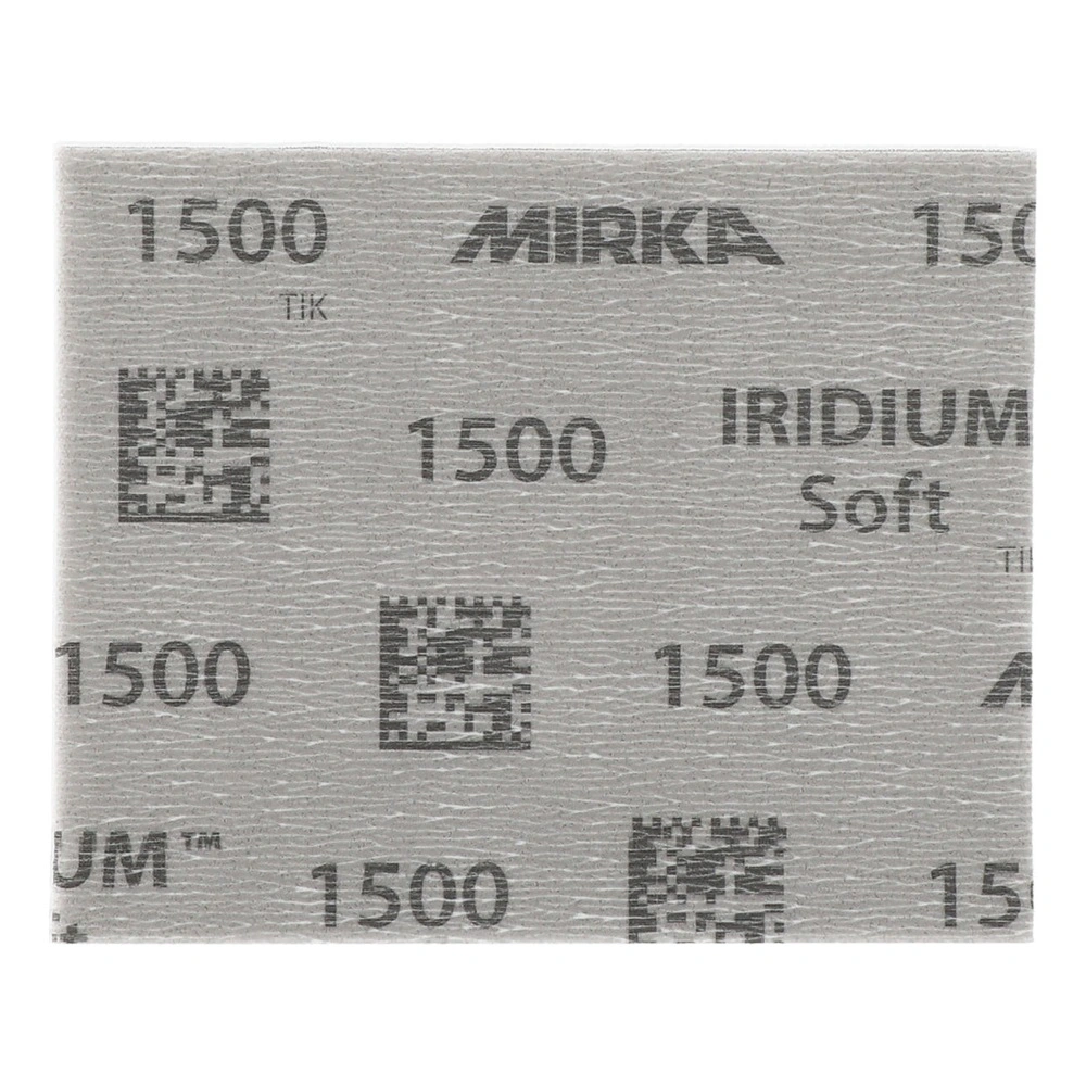 Close-up of a gray sanding sheet with Mirka, IRIDIUM Soft, and 1500 printed