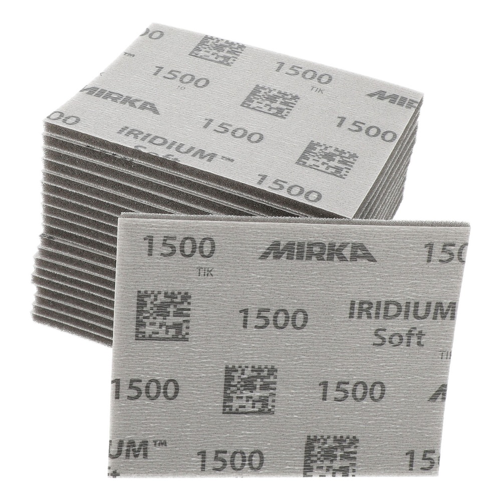 A stack of gray sanding sheets printed with 1500 and Mirka, shown as a pile
