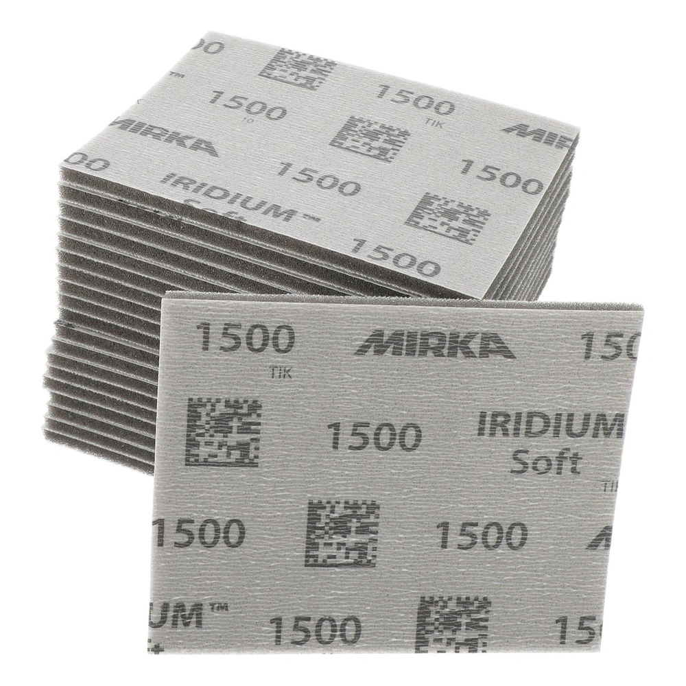 A stack of gray sanding sheets printed with 1500 and Mirka, shown as a pile