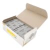 An open cardboard box containing a stack of gray sanding sheets, with yellow