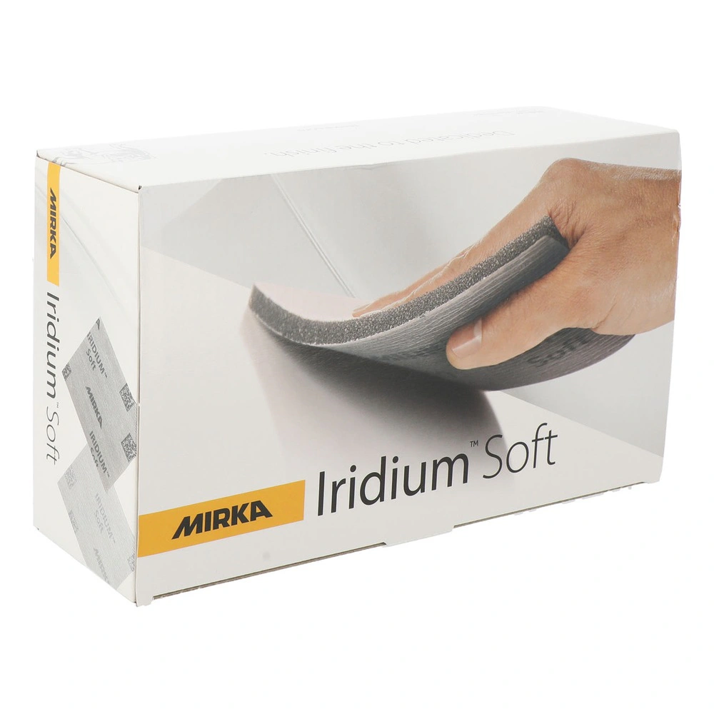 A white Mirka Iridium Soft box package with a front image of a hand bending