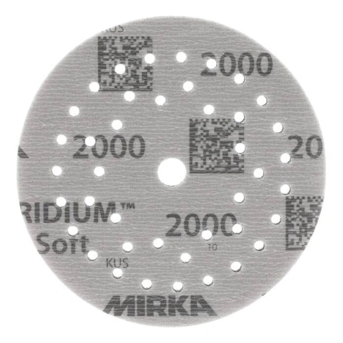A round gray sanding disc with many holes and a center hole, with printed