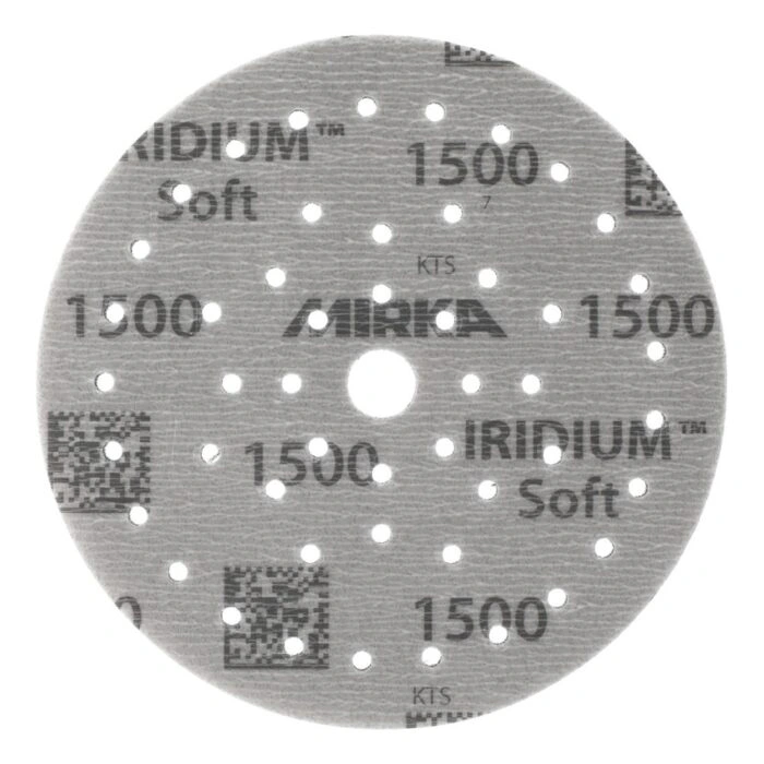A round gray sanding disc with many holes and printed brand text