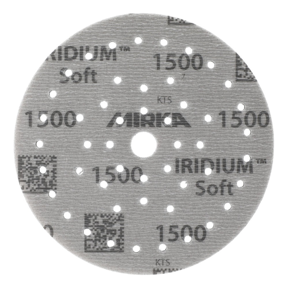 A round gray sanding disc with many holes and printed brand text