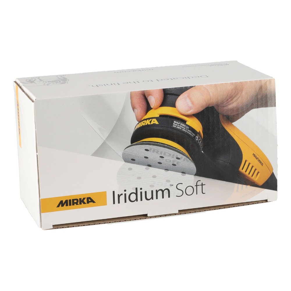 A white Mirka Iridium Soft cardboard box with a usage photo
