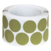 A roll of small round olive-green discs on a white background, shown