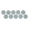 Two rows of small round light gray discs on a white background, arranged as