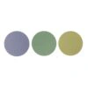 Three round sanding discs in different colors