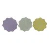 Three scalloped sanding pads or discs in purple, gray-green