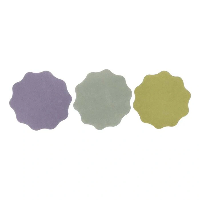 Three scalloped sanding pads or discs in purple, gray-green