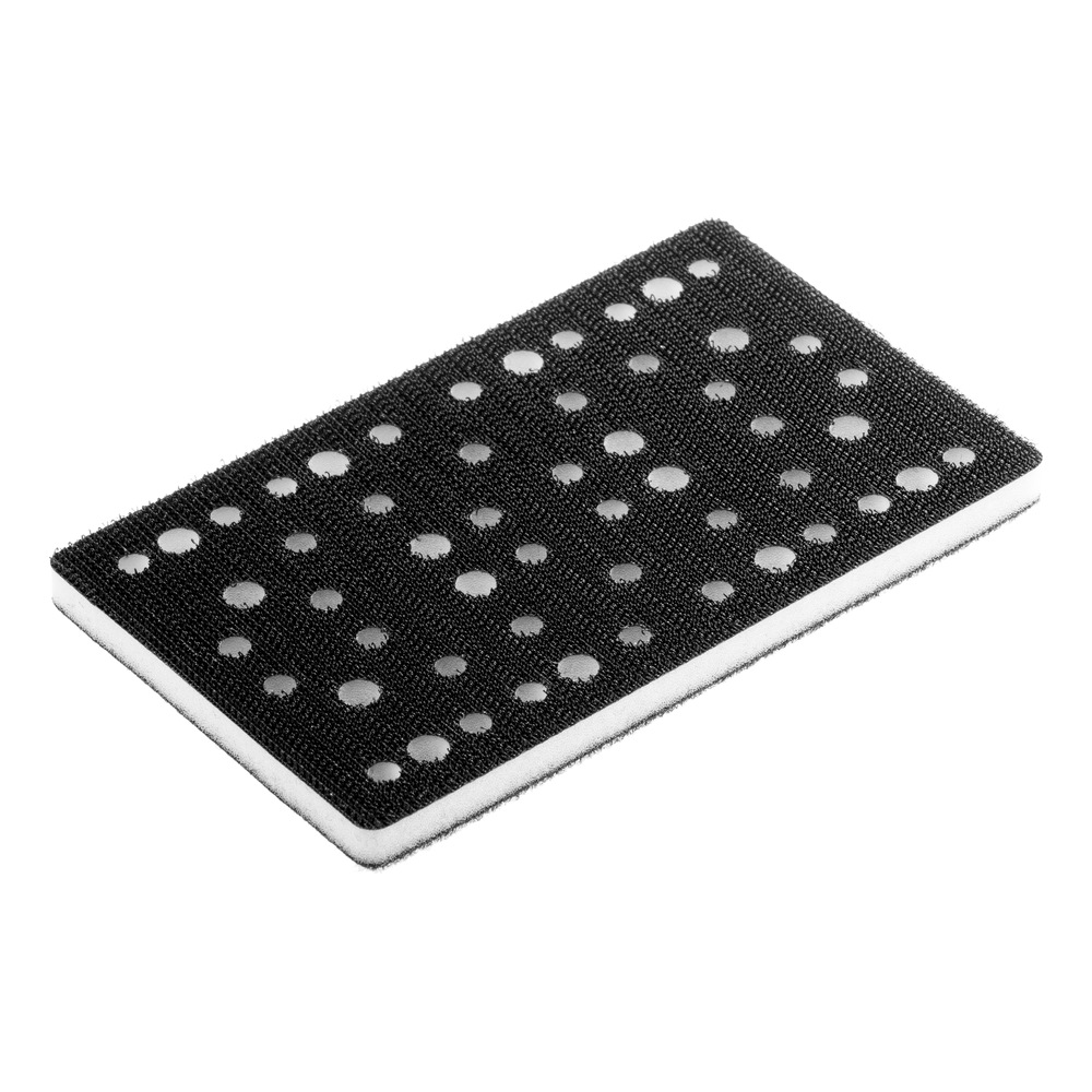 Black rectangular interface pad with many holes on a white background, shown