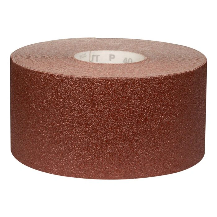 A rolled reddish-brown sanding paper coil without packaging, side view